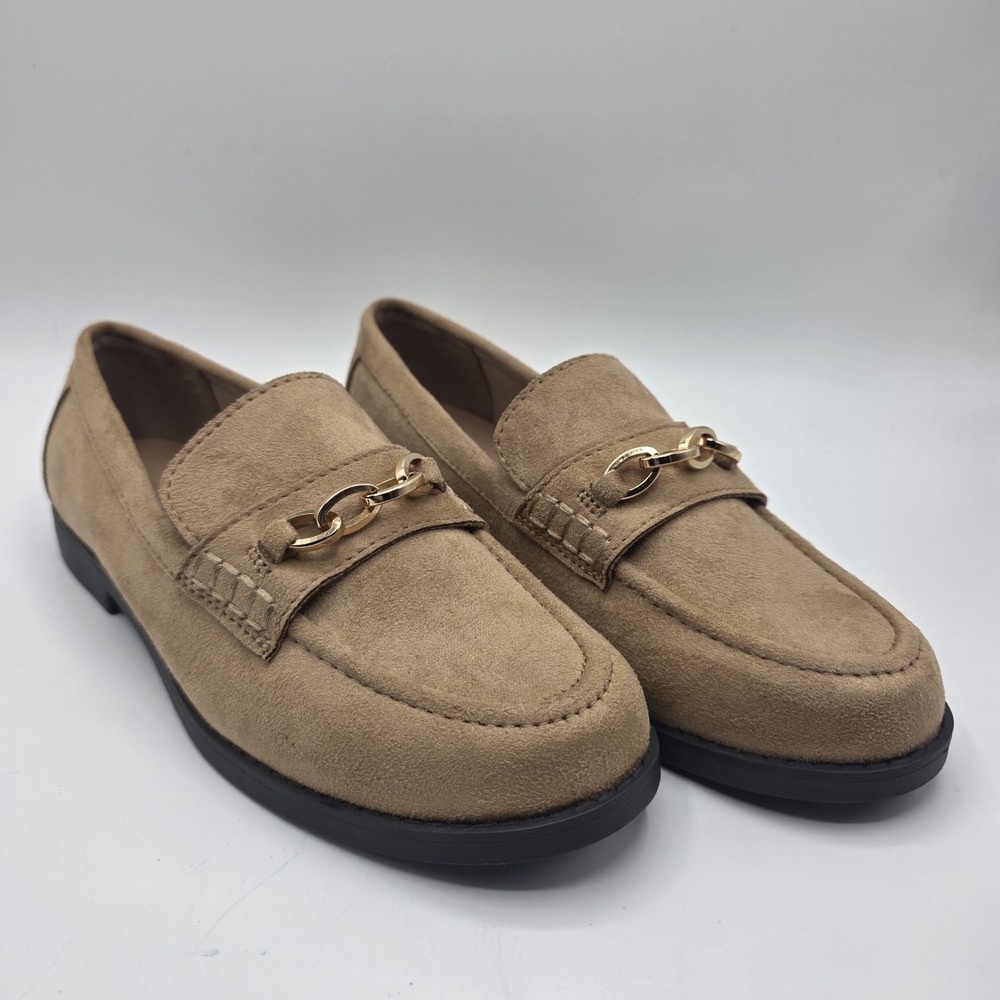 Old Navy Loafers Womens 7 Tan Faux Suede Preppy Gold Chain Office Penny Academia